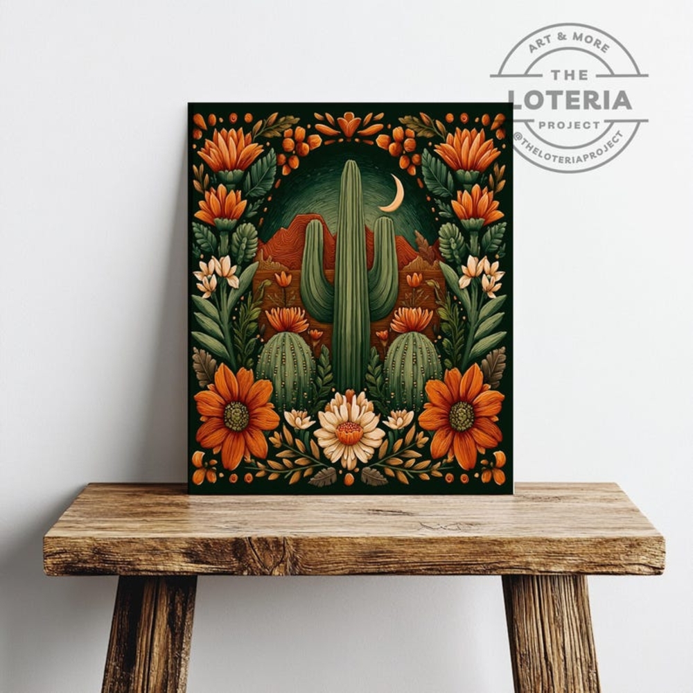 Folklorico Saguaro Art Print– Colorful Mexican Folk Art, Cactus Desert Wall